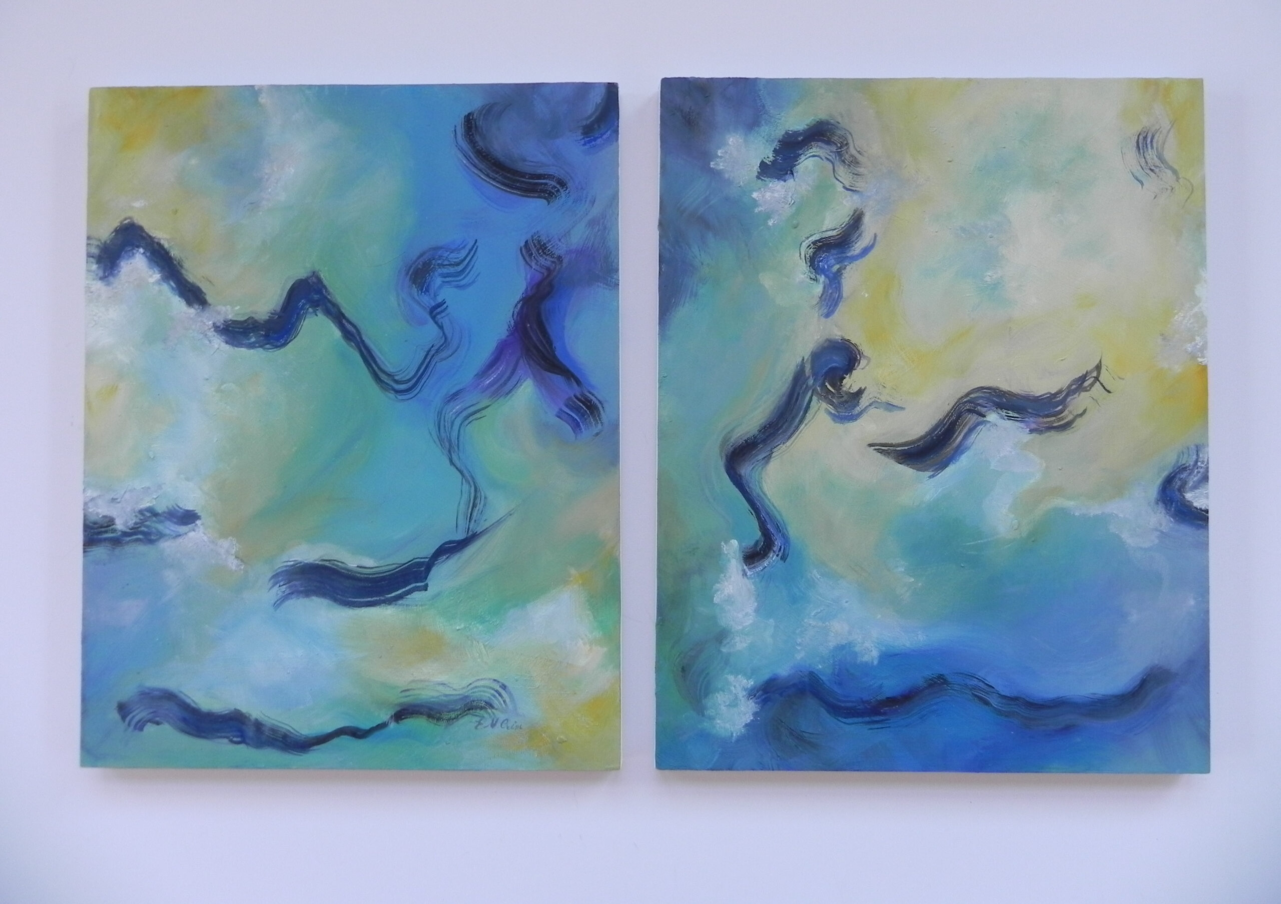 Abstract diptych painting showing matching pairs of wavy blue lines on backgrounds of teal, yellow, and light blue.
