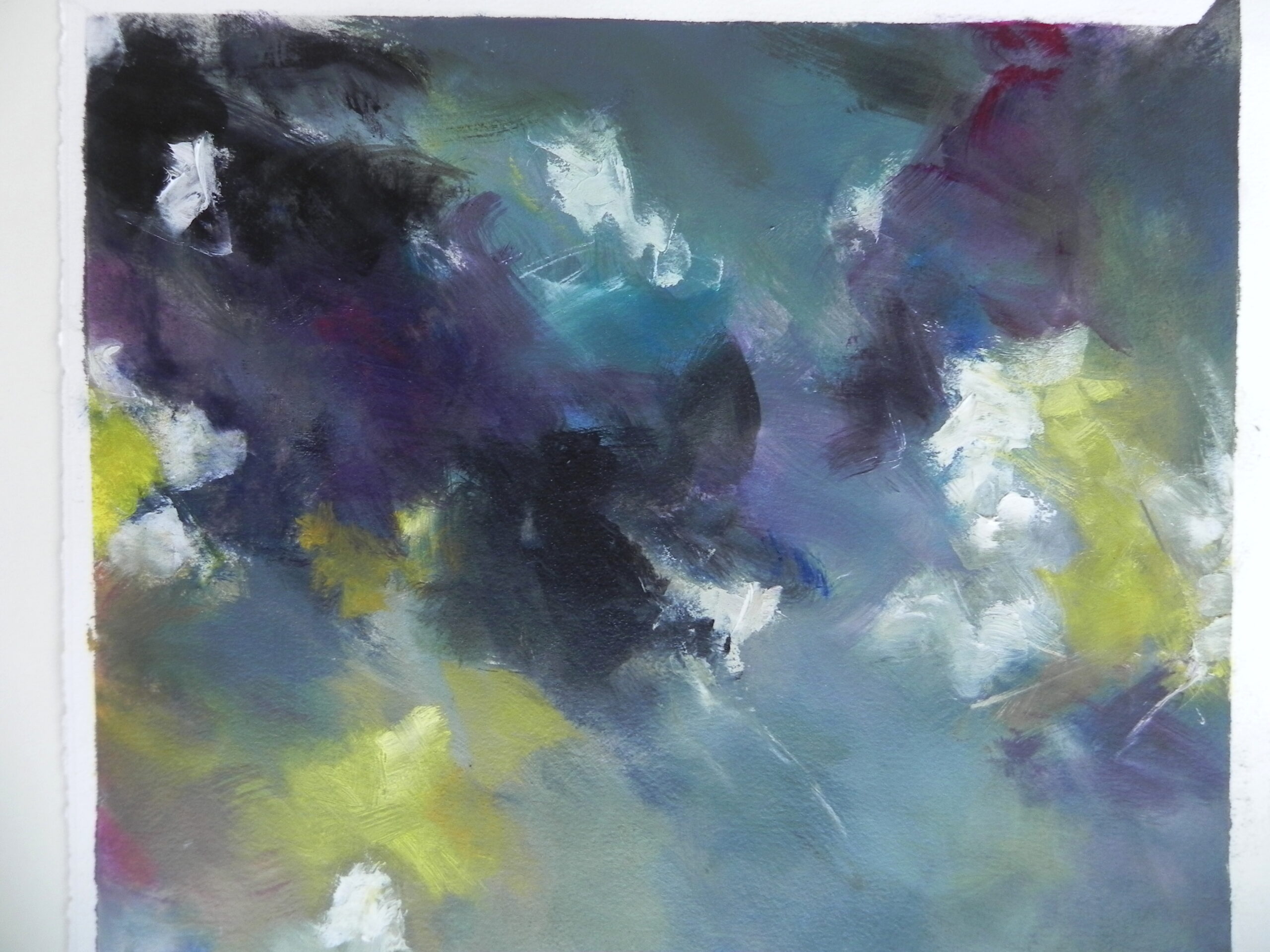 Abstract painting with teal, purple, yellow, and black brushstrokes on textured paper