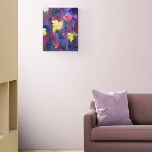 Abstract floral artwork featuring bright yellow and red blooms on a purple wall above a mauve sofa with a lavender pillow.