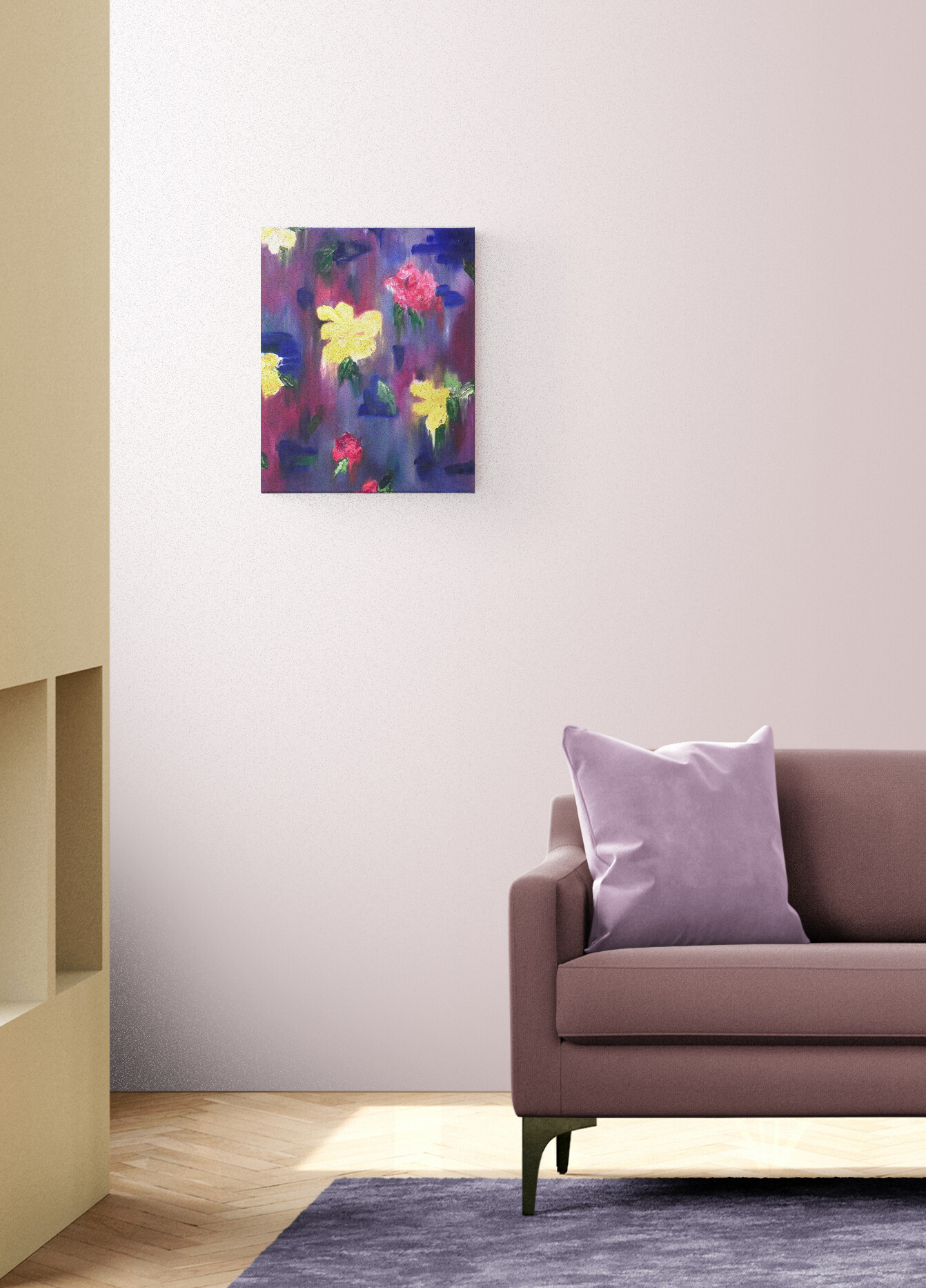 Abstract floral artwork featuring bright yellow and red blooms on a purple wall above a mauve sofa with a lavender pillow.