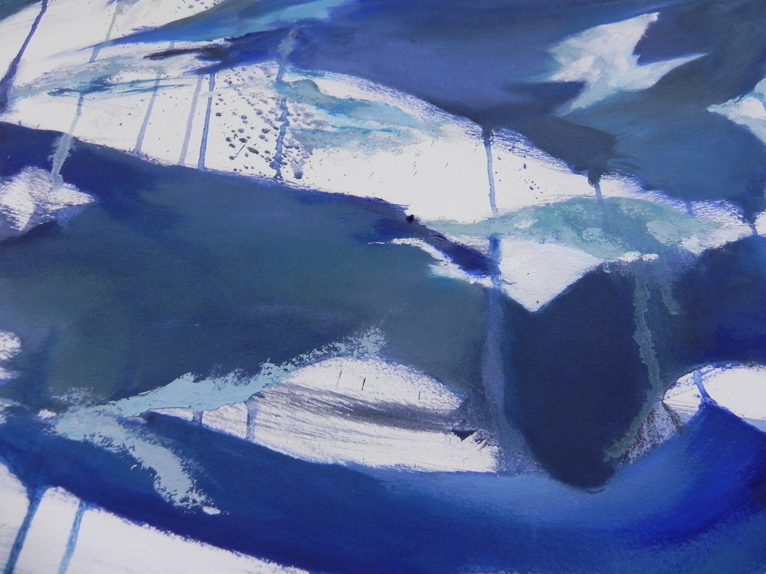 Abstract blue and white acrylic painting with textured brushstrokes and layered colors