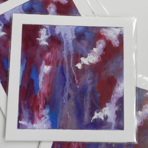 Abstract art print featuring red, blue, and white vertical brushstrokes on white paper in clear plastic sleeve