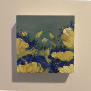 Small square canvas painting with thick yellow and blue brushstrokes against a muted green background