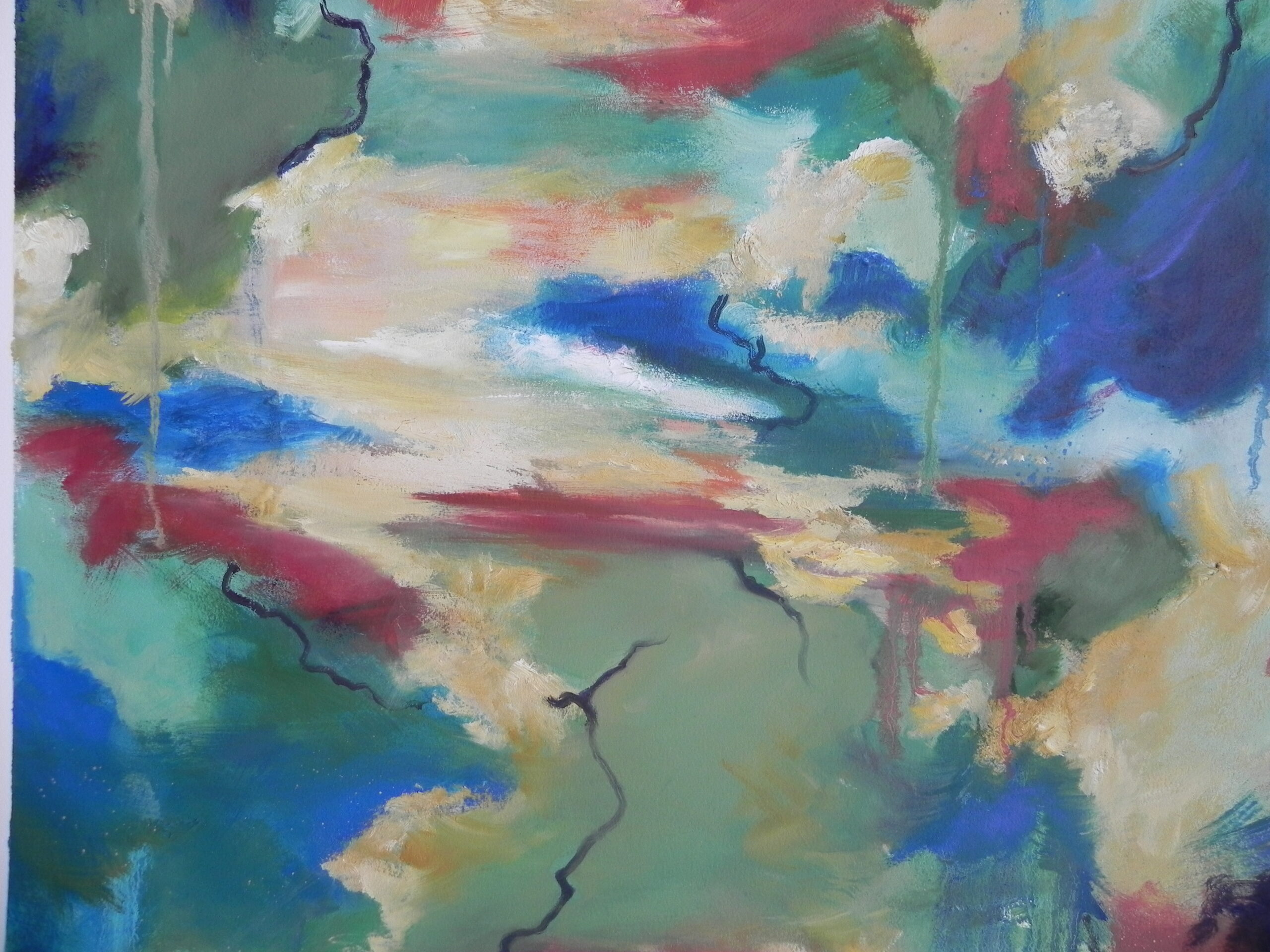Abstract painting with blue, green, red, and yellow brushstrokes and black lines