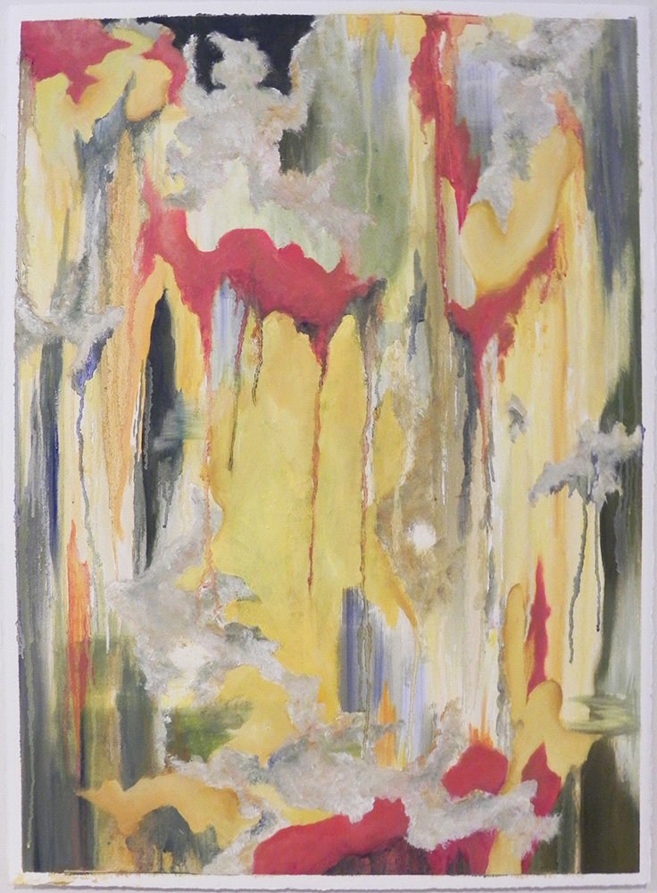 Abstract vertical painting featuring bold drips of red and yellow over grey and white tones.