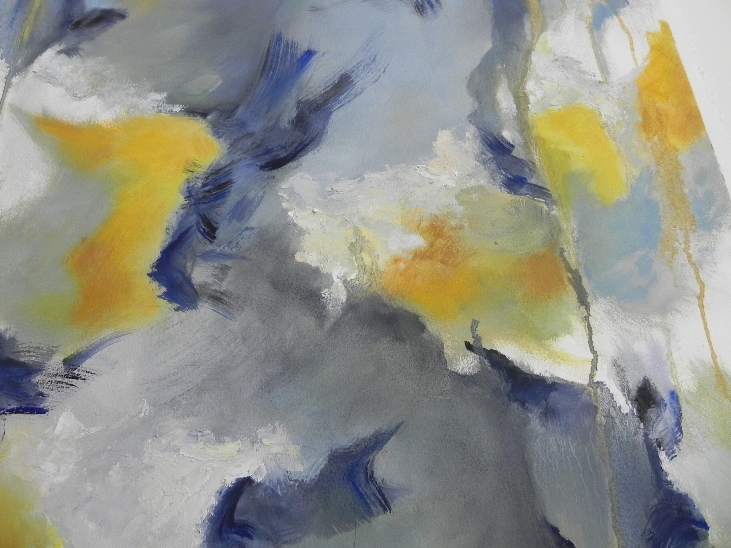 Abstract painting with blue, yellow, and gray brushstrokes on textured canvas