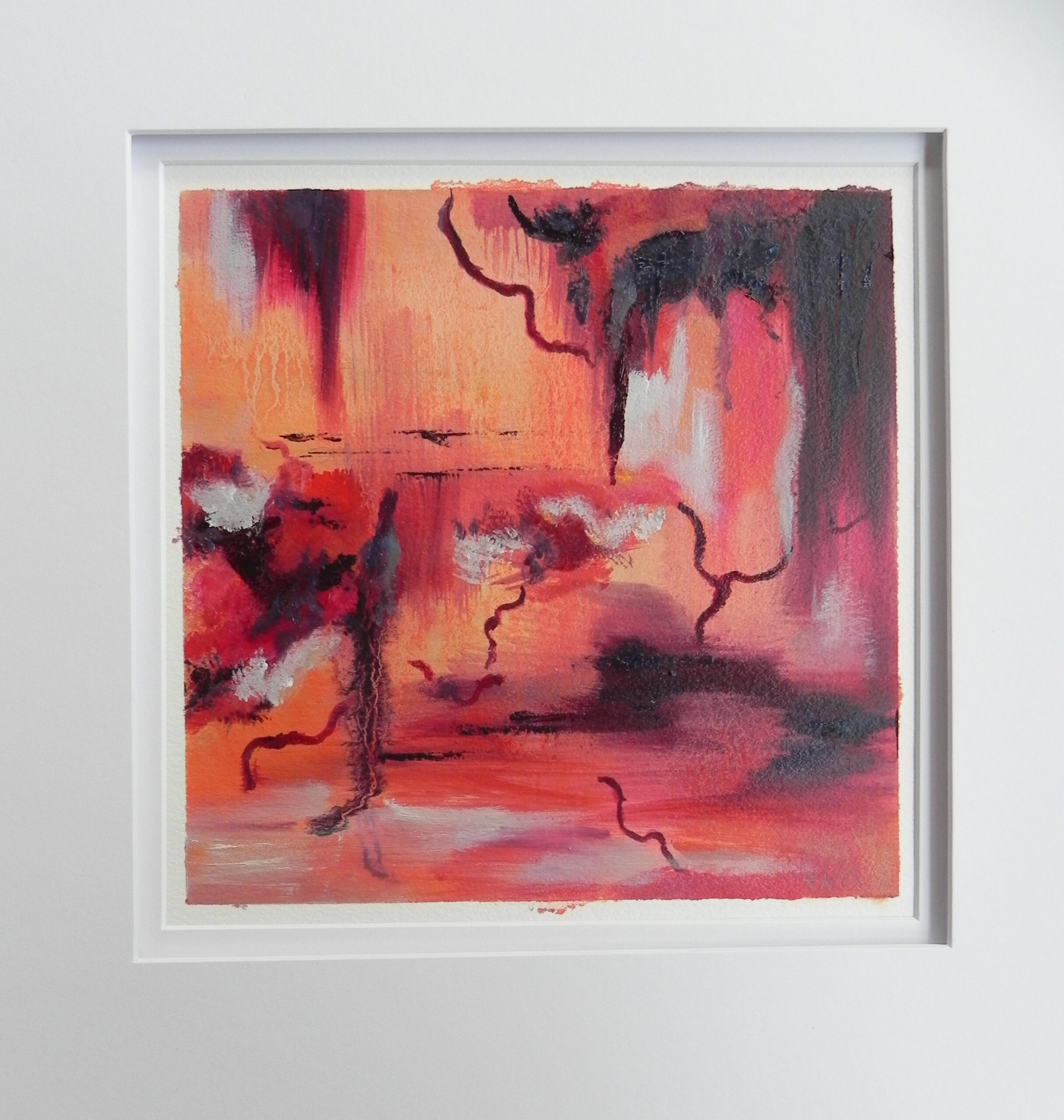 Abstract painting with orange and red hues, black accents, and white frame