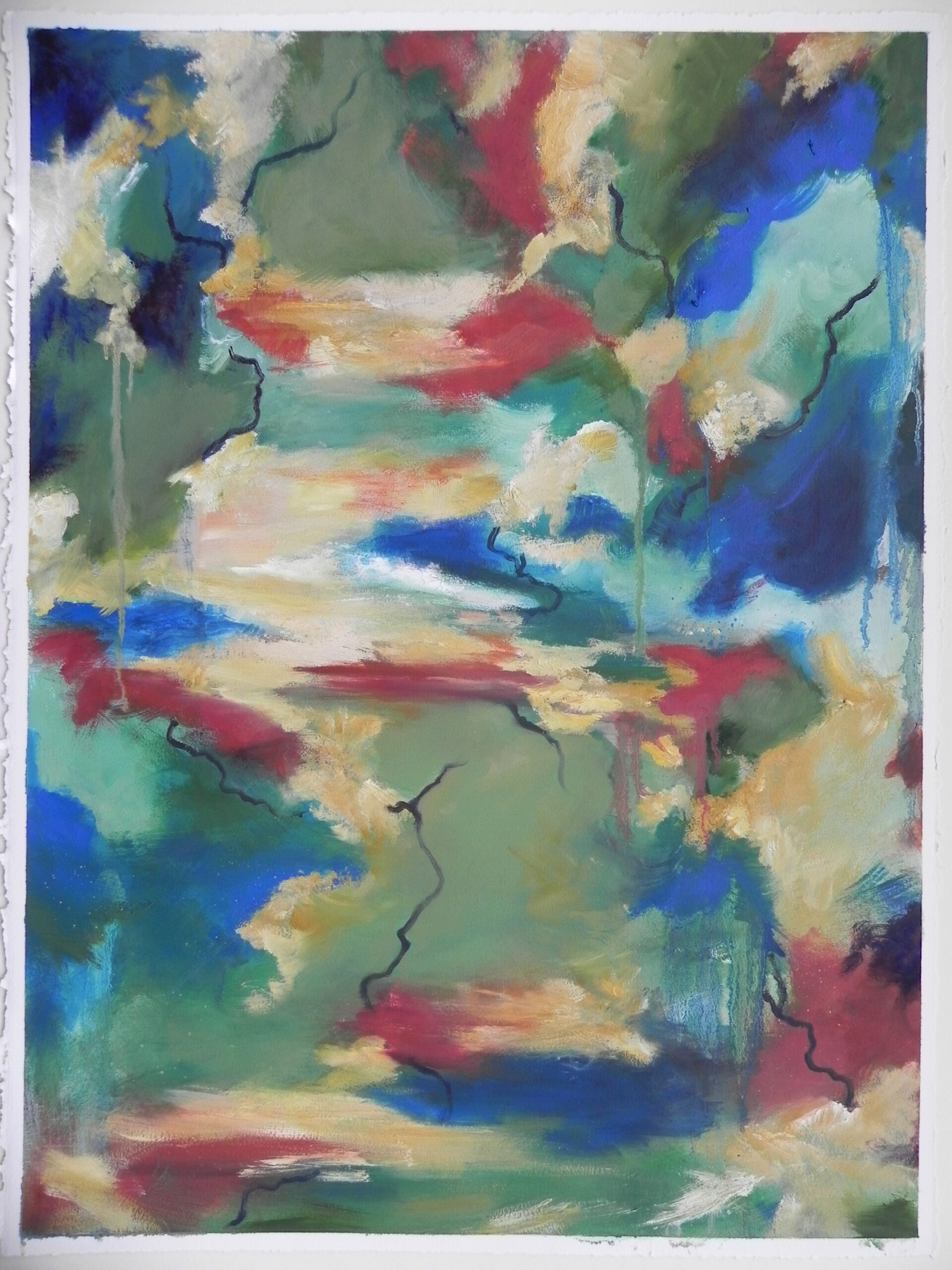 Abstract painting with blue, green, red, and yellow brushstrokes and black squiggly lines on textured paper