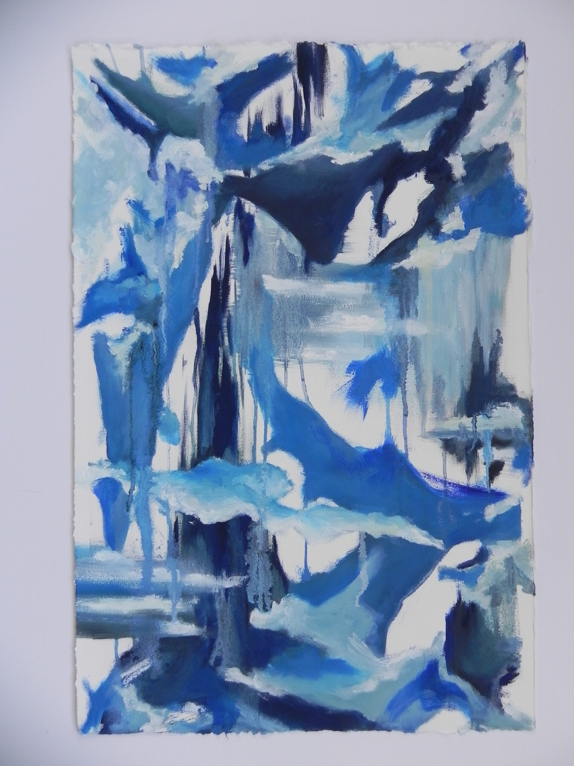 Abstract blue and white acrylic painting with textured brushstrokes on paper
