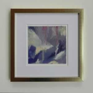 Abstract painting with vertical red streaks and soft white and purple brushstrokes, presented in a gold frame with white matting