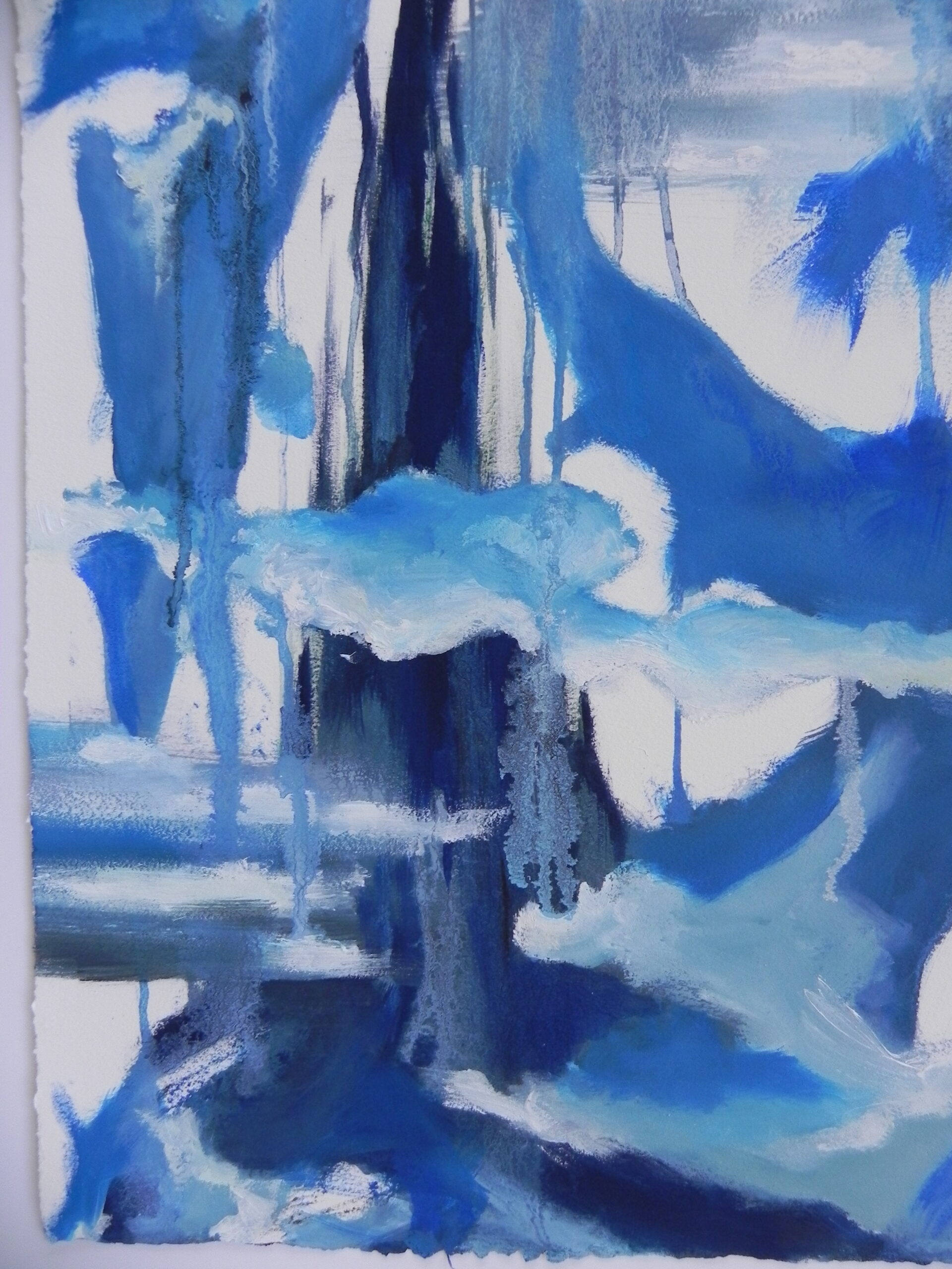 Abstract blue and white watercolor painting with textured brushstrokes