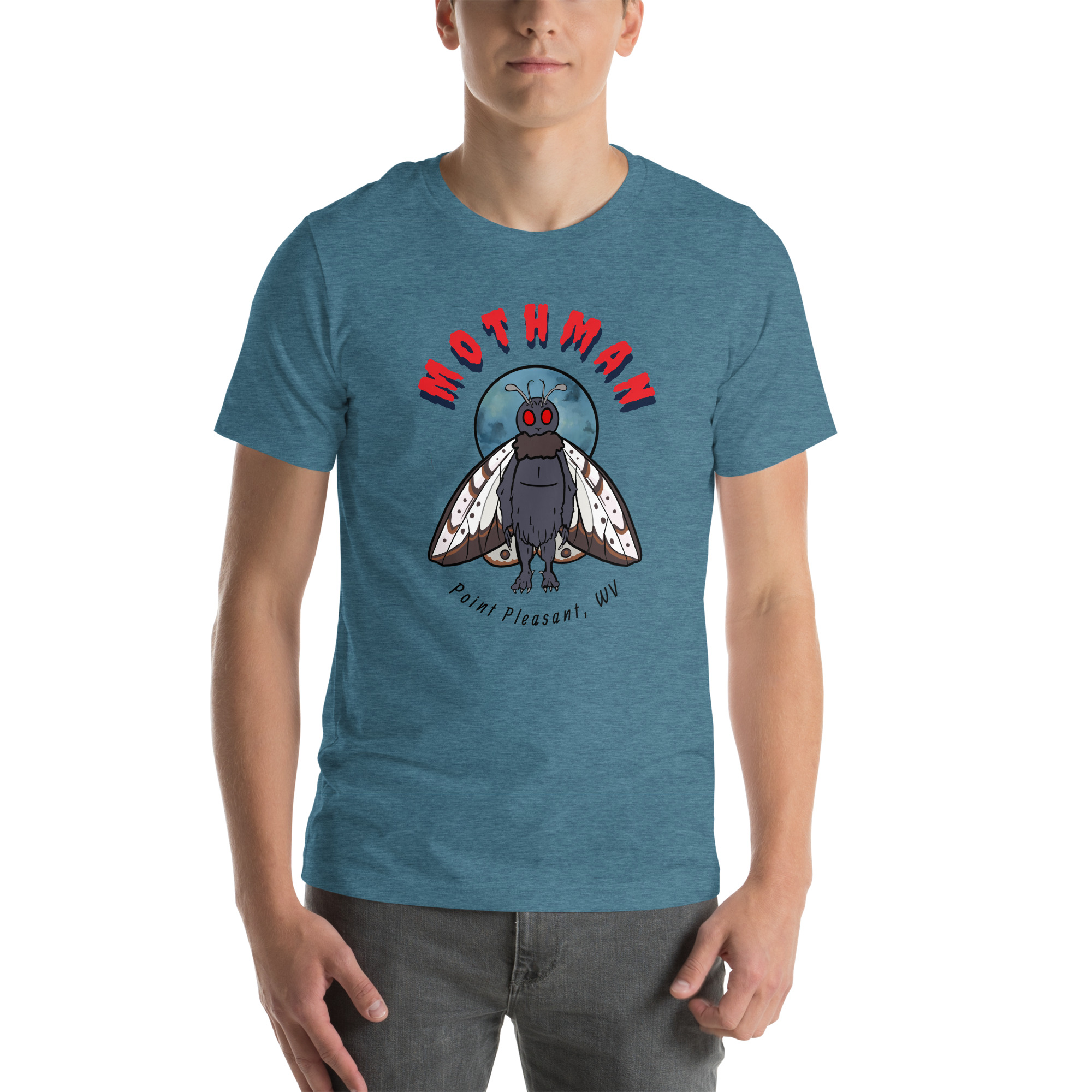 Blue heathered t-shirt with Mothman graphic and Point Pleasant WV text