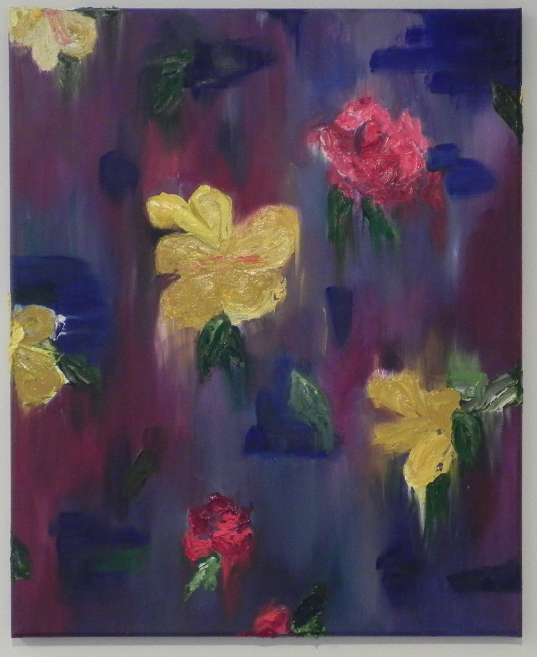 Abstract floral painting showing bright yellow and red flowers against a deep purple background with dark blue accents.