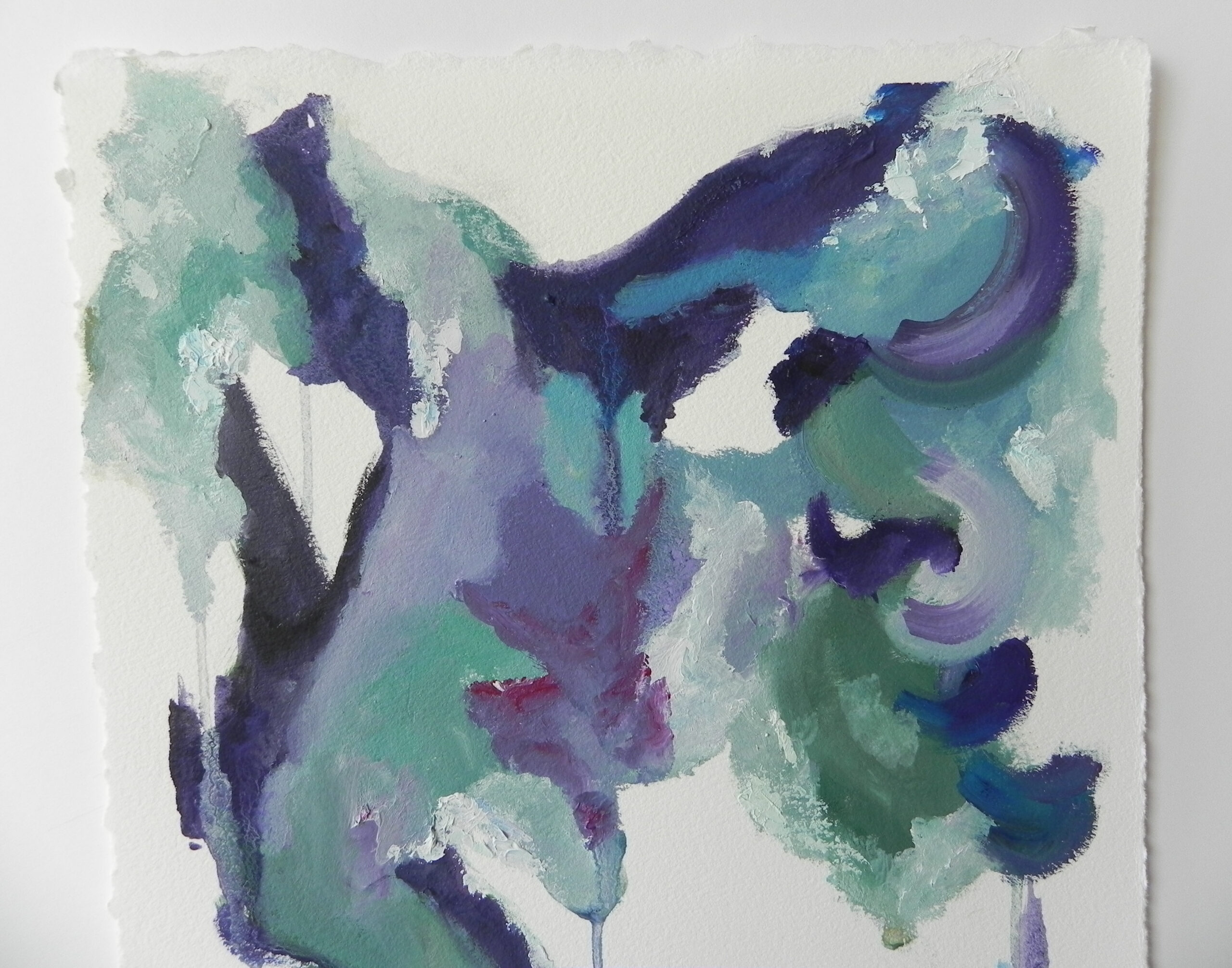 Abstract painting with purple and teal brushstrokes on textured white paper