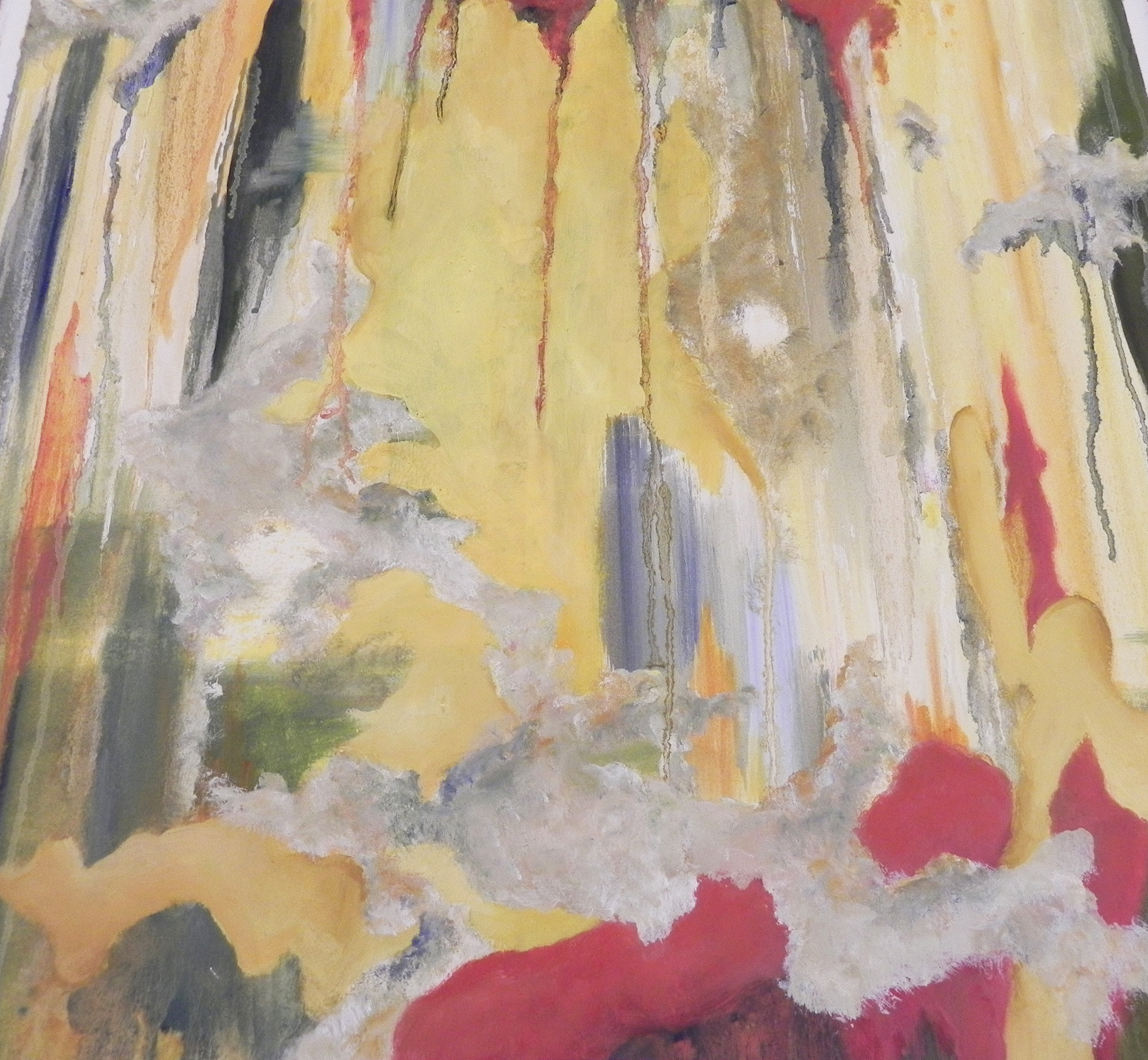 Abstract artwork featuring bold drips of red and yellow over a textured background of grey, white, and hints of green.