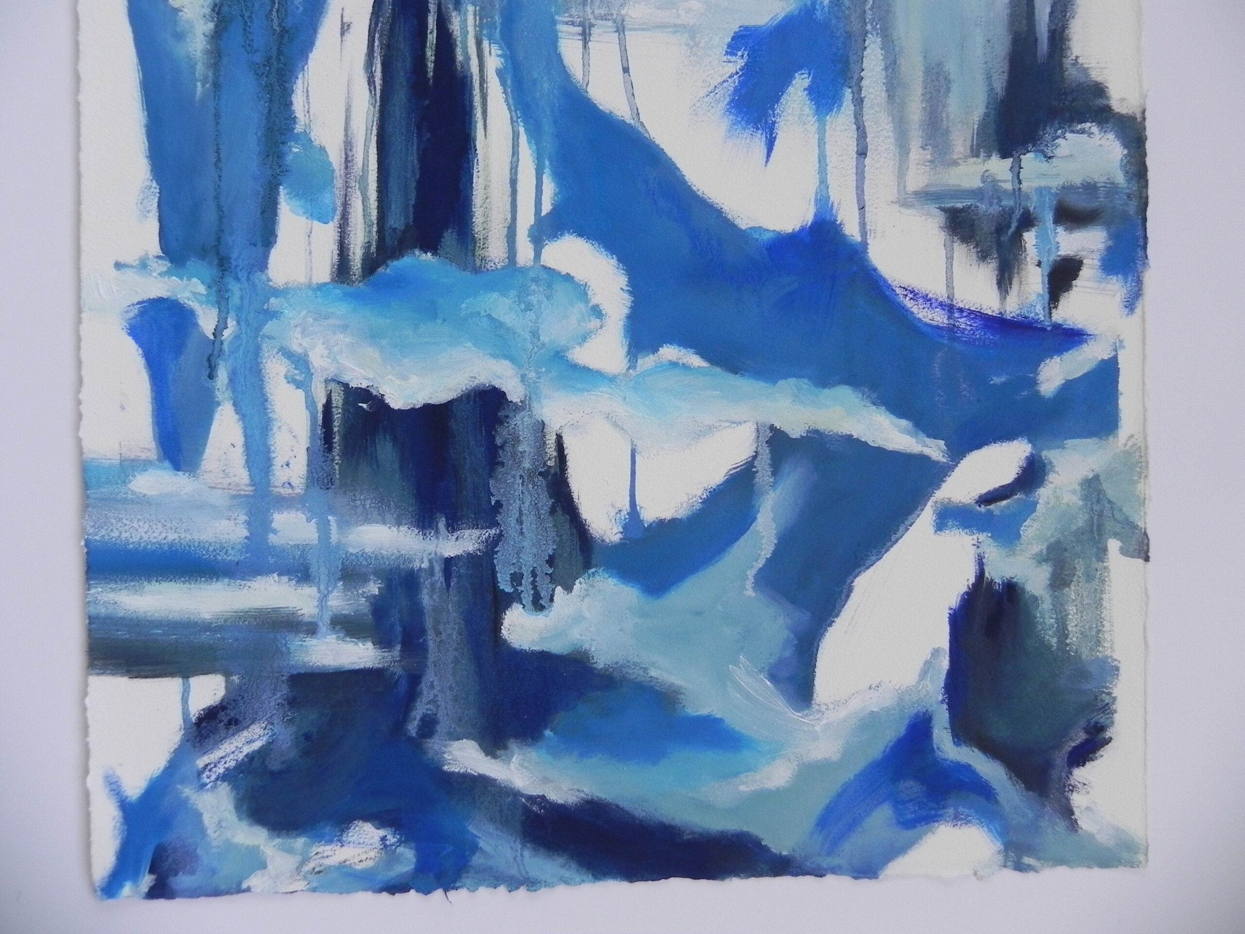 Abstract blue and white acrylic painting with textured brushstrokes on paper