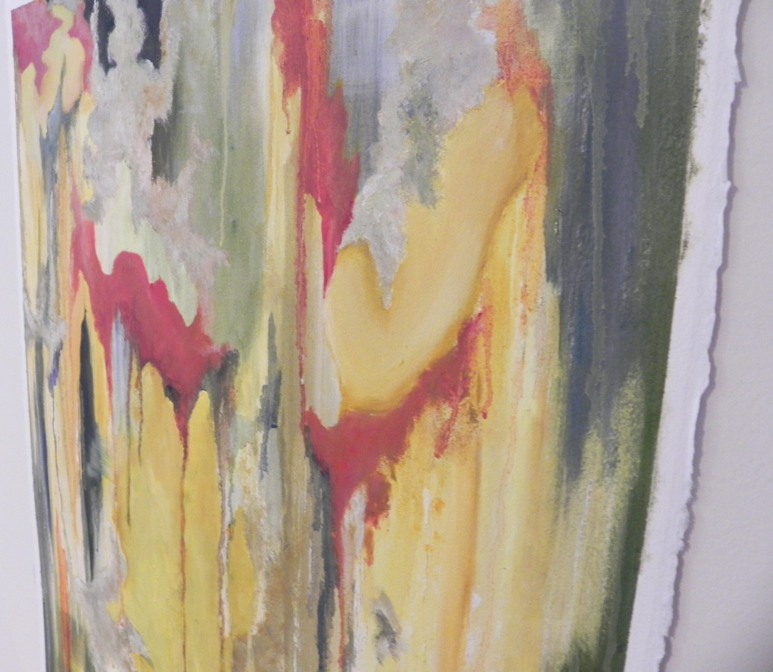 Abstract close-up detail showing vertical drips of red and yellow paint over muted grey and green tones with white highlights.