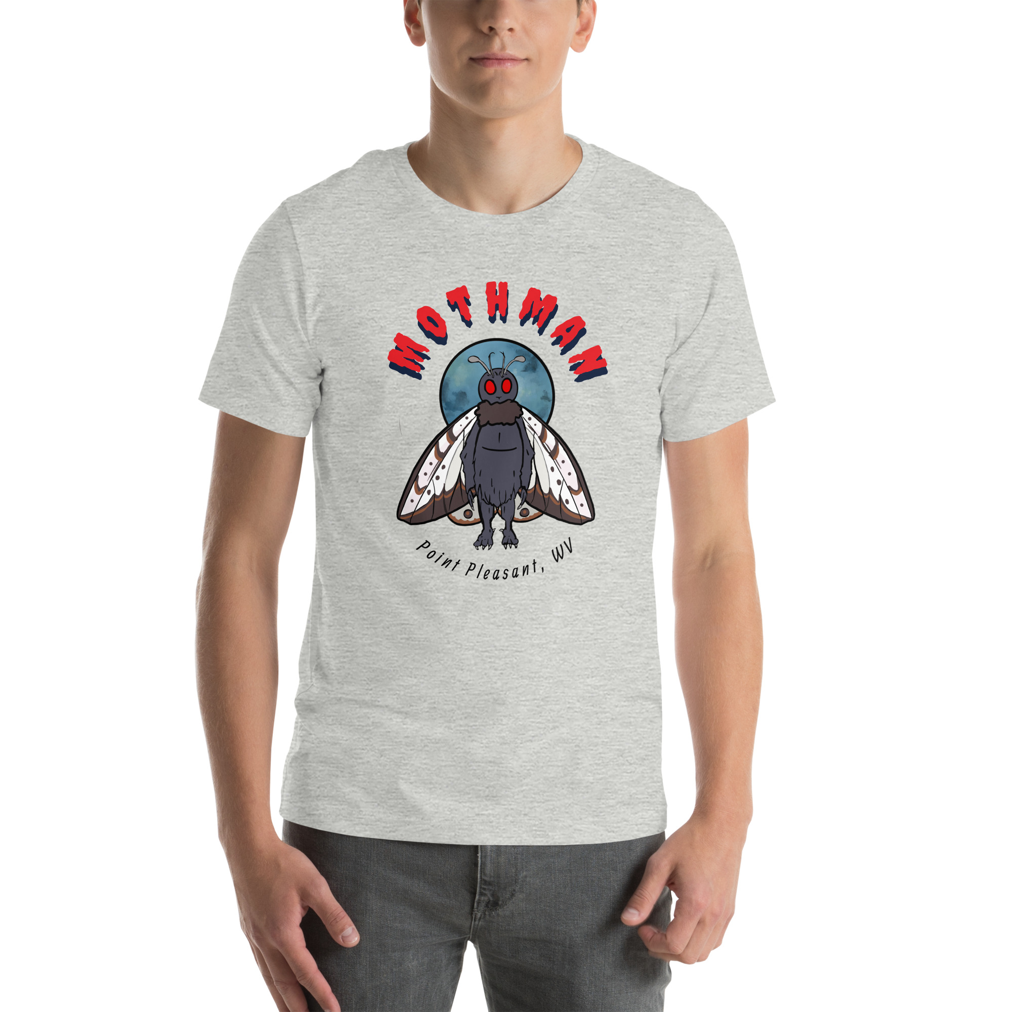 Light gray t-shirt with Mothman Point Pleasant WV graphic design