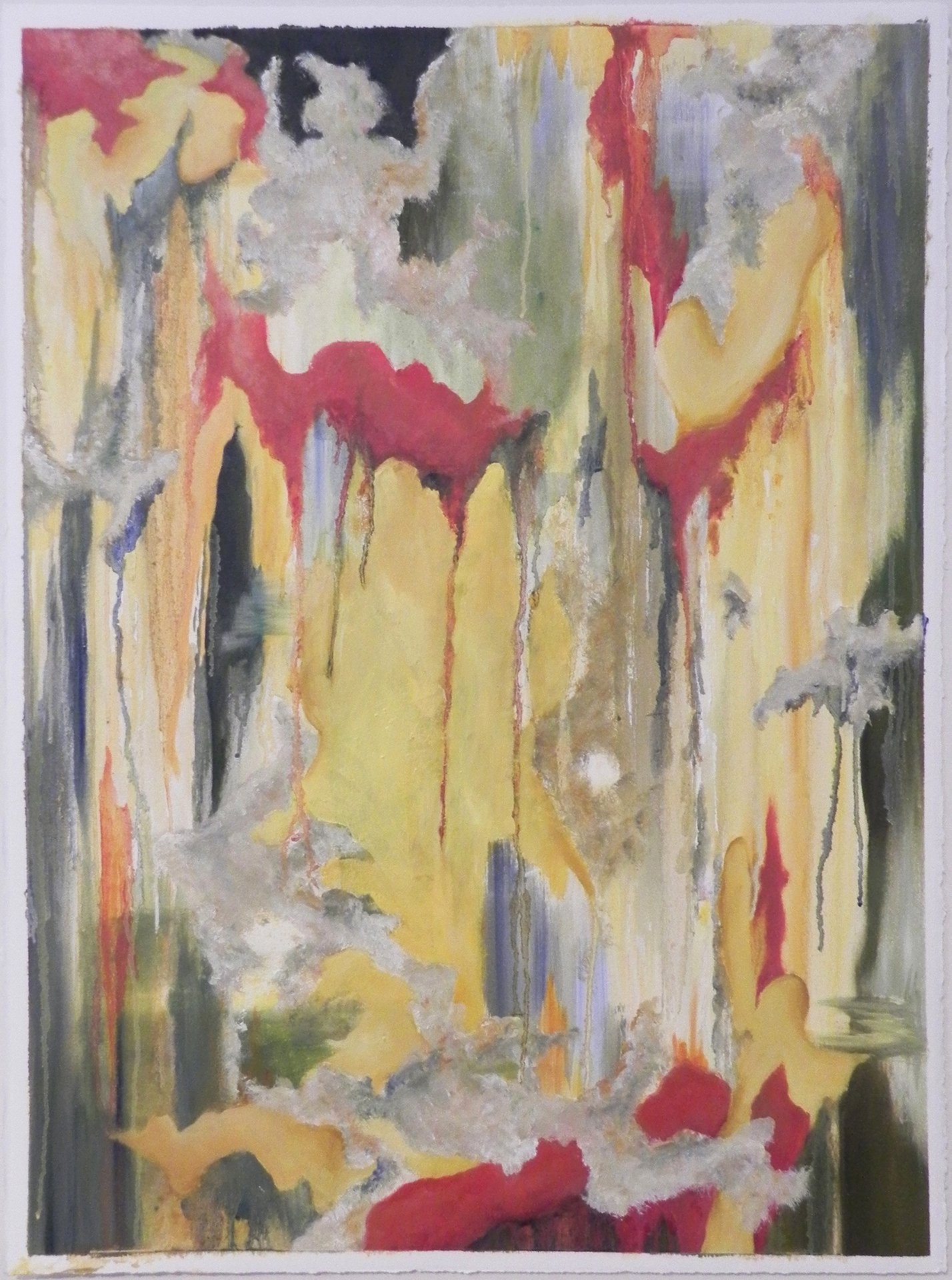 Abstract artwork showing bold drips of red and yellow paint against a background of grey, white, and hints of green.