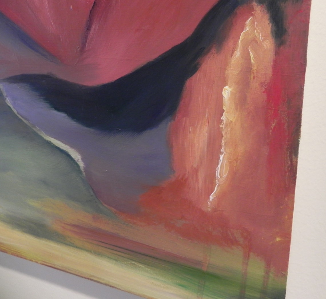 Abstract oil painting with bold red, black, and green brushstrokes on canvas