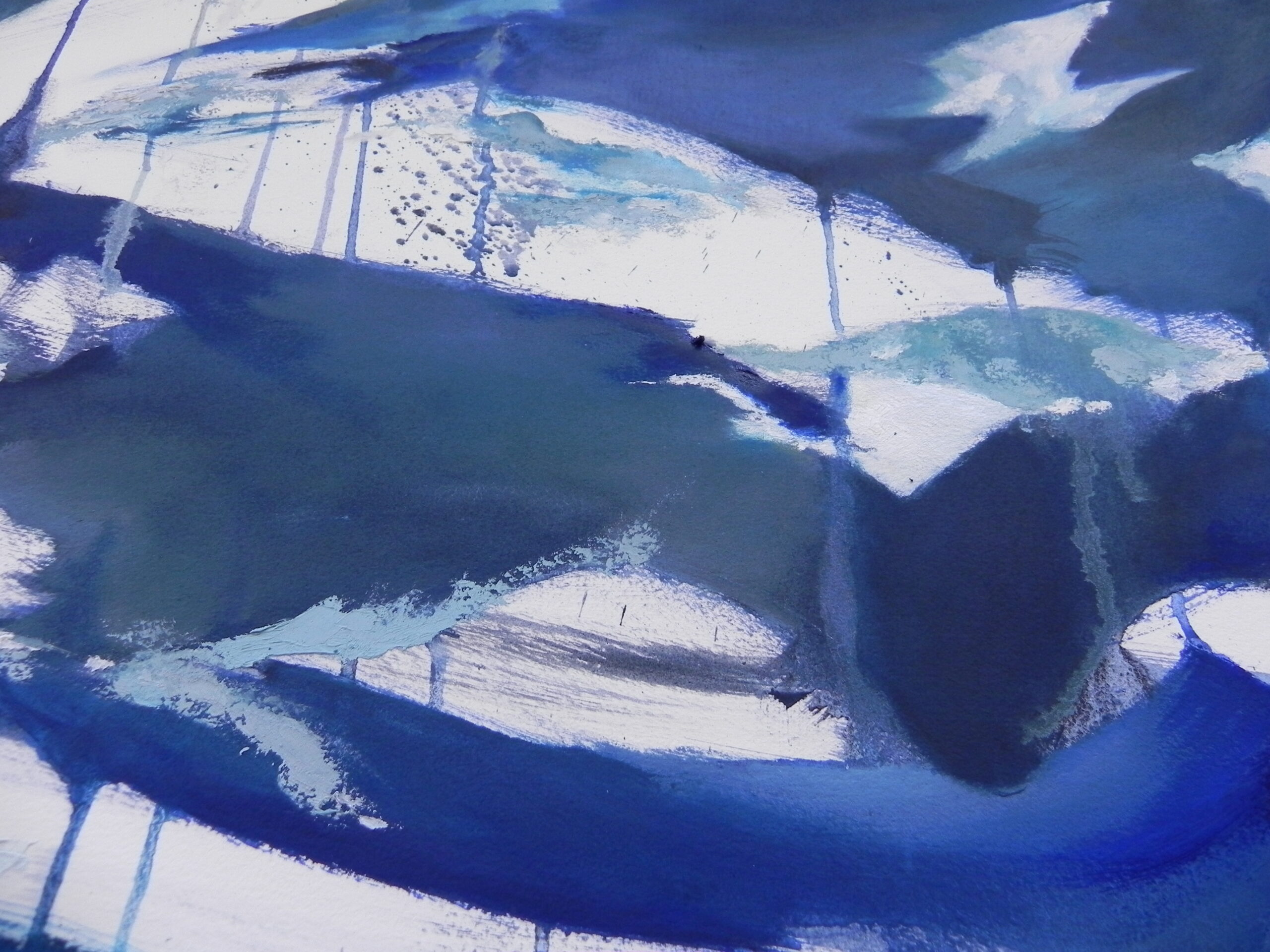 Abstract blue and white acrylic painting with textured brushstrokes and geometric shapes