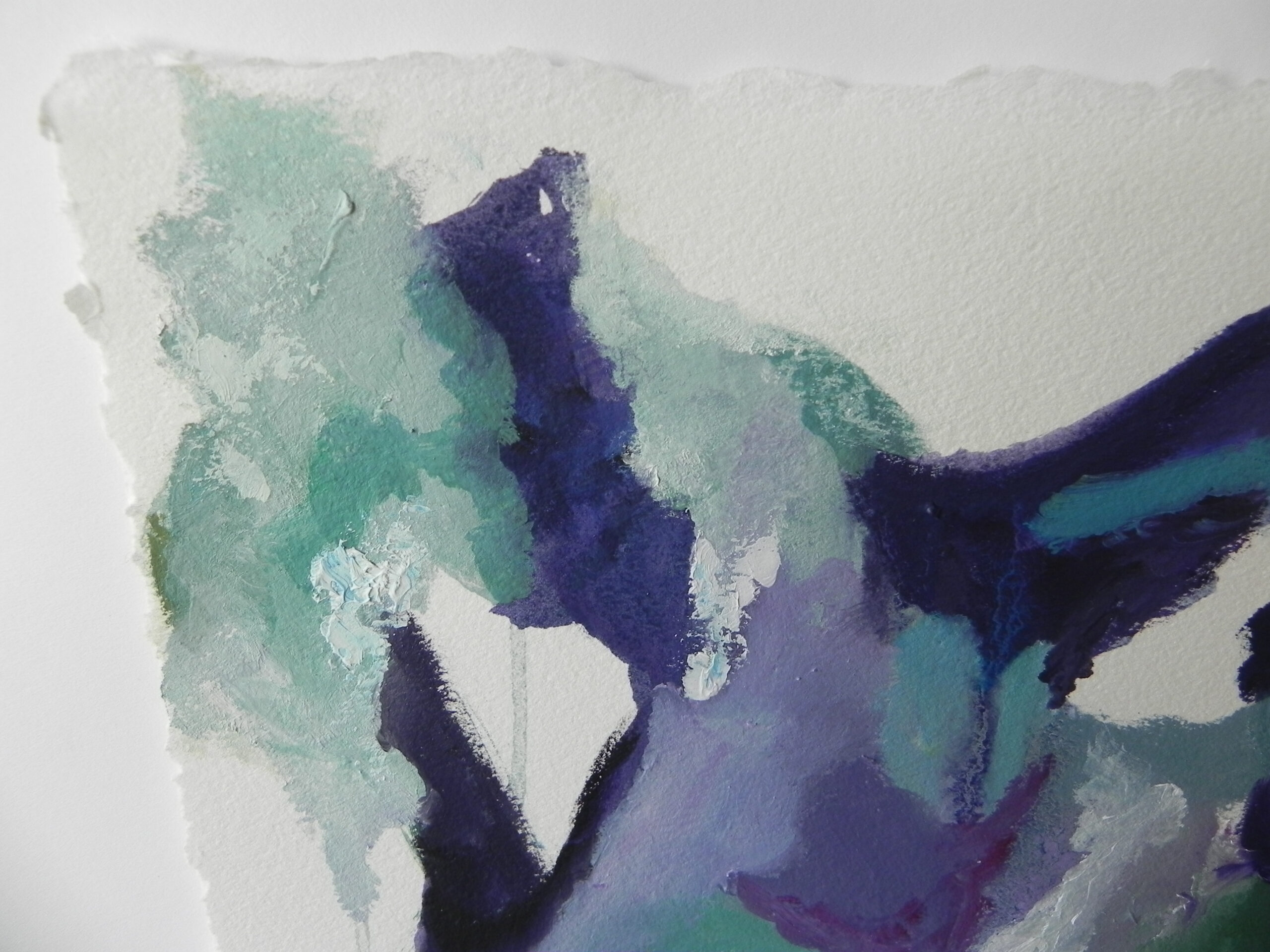 Abstract watercolor painting with teal and deep purple brushstrokes on textured white paper