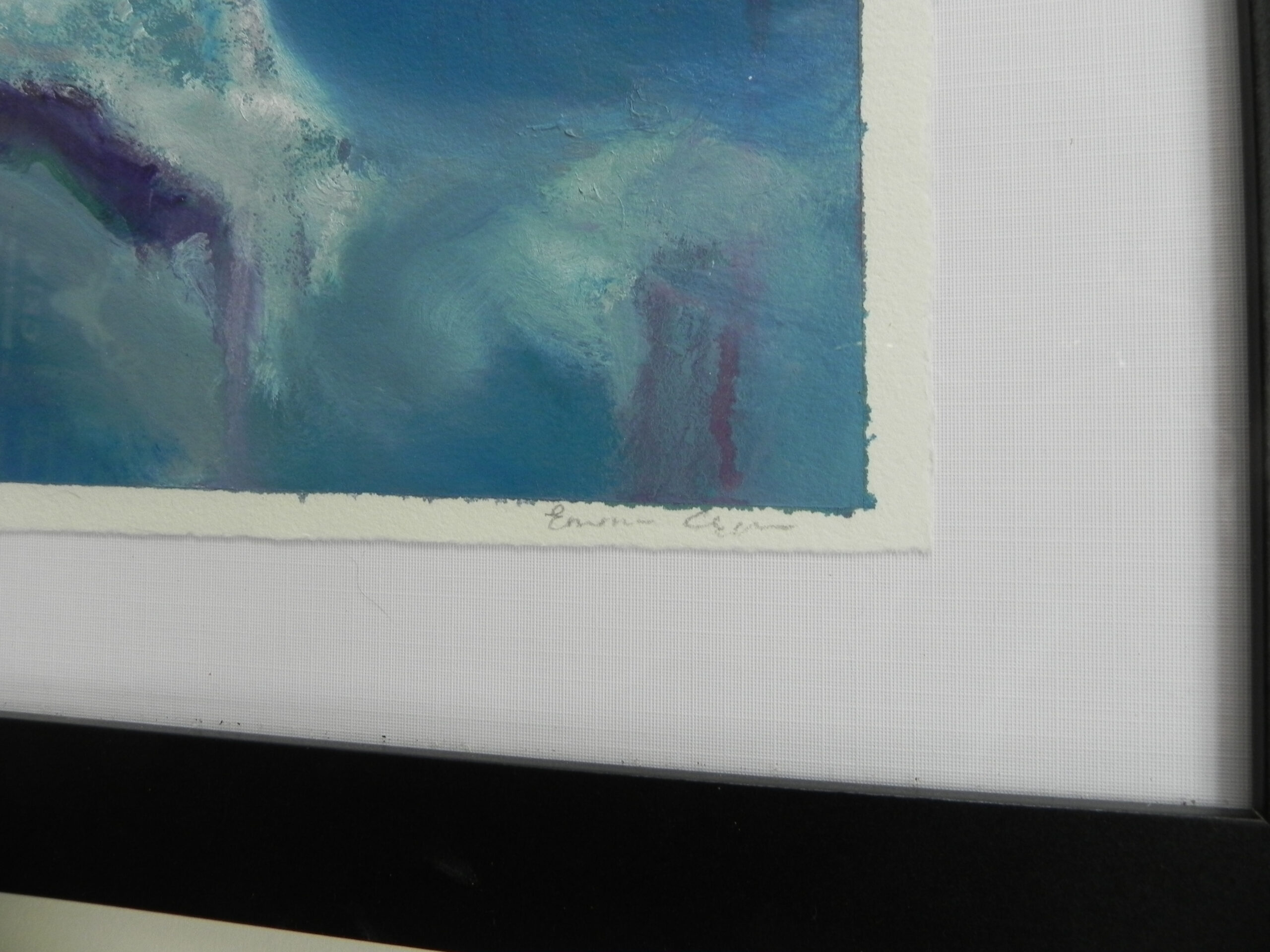 Abstract detail of artwork showing soft blue and purple tones with white highlights, framed in black with a white mat.