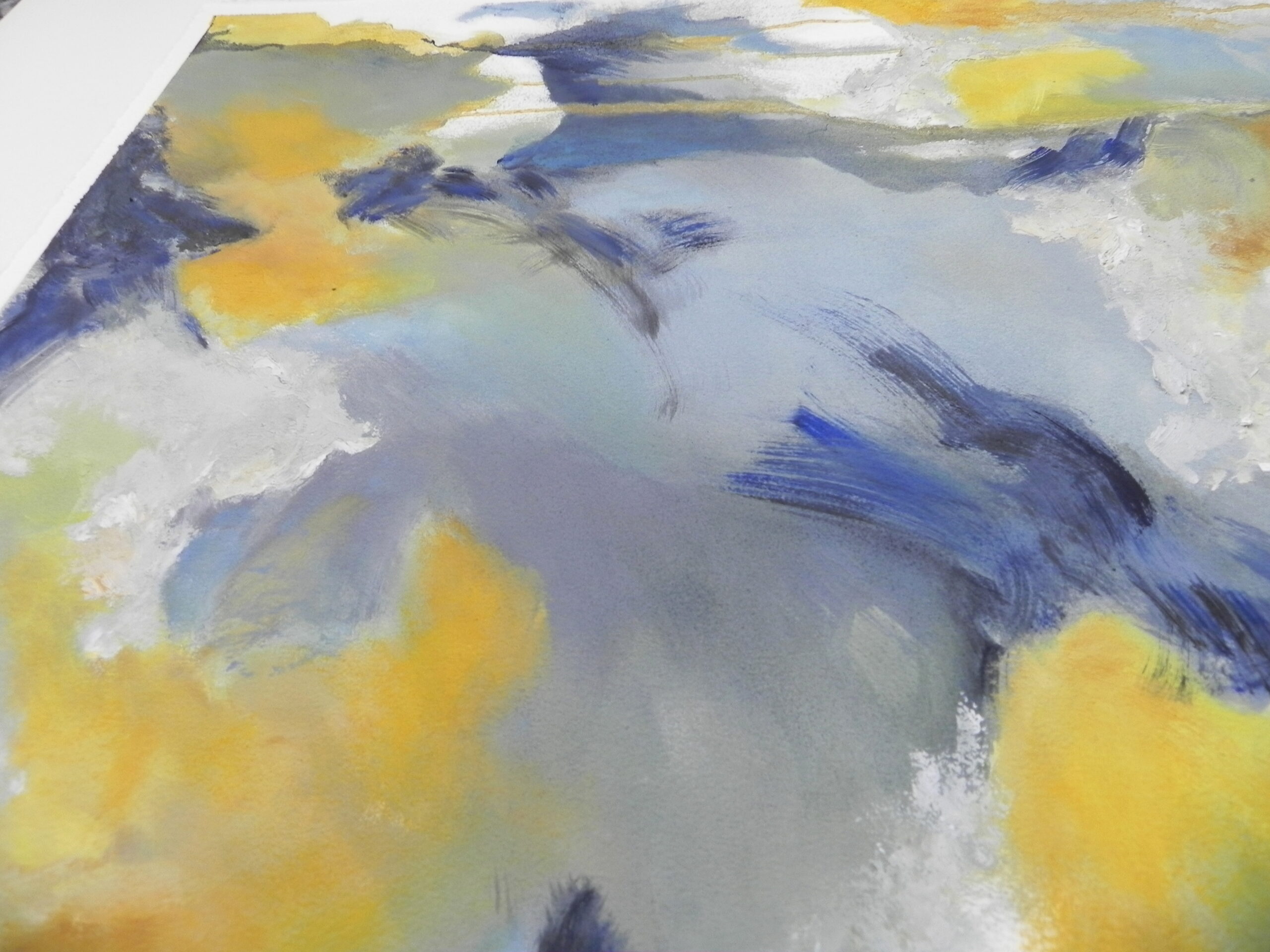 Abstract painting with blue, yellow, and white brushstrokes