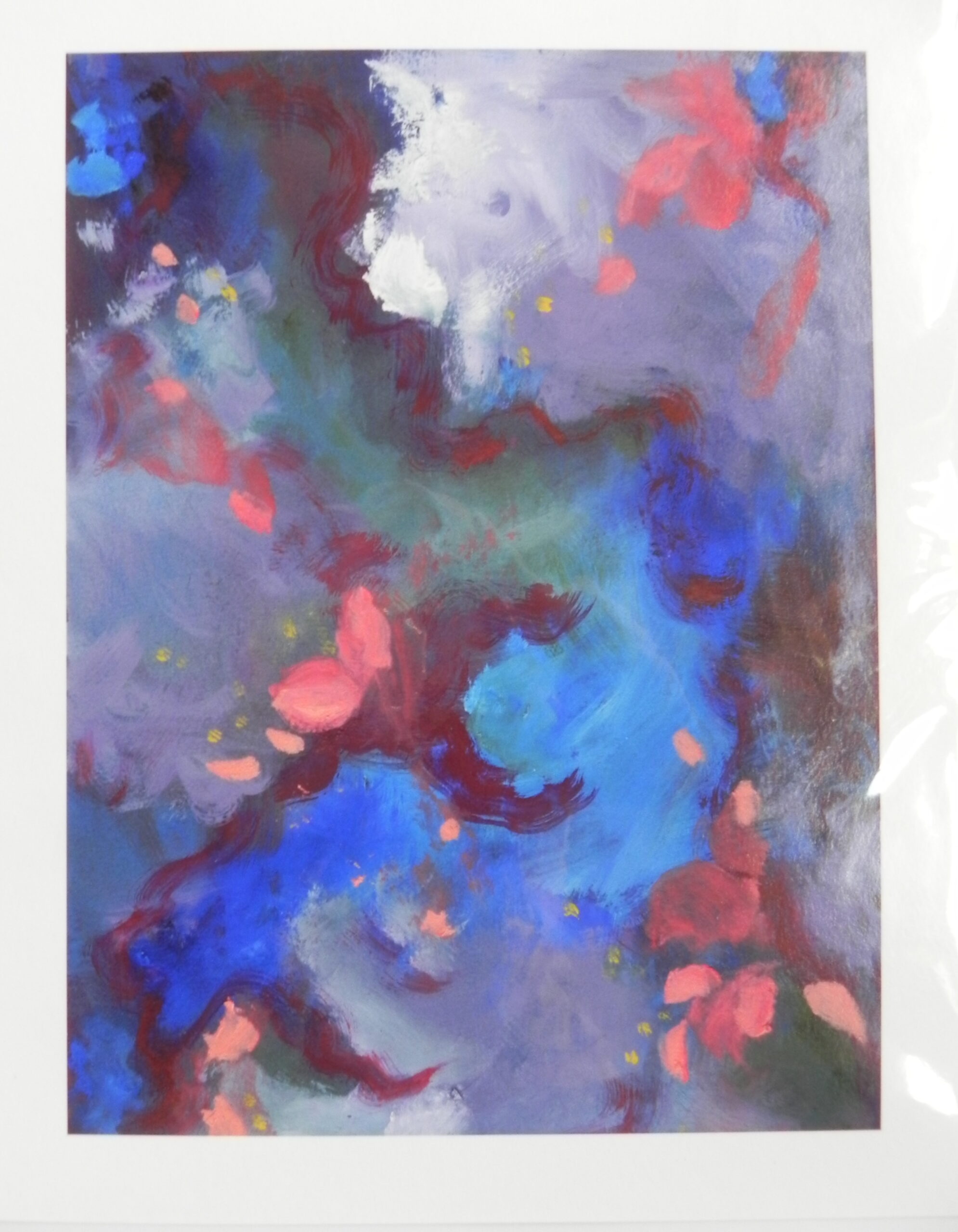 Abstract painting with blue, red, and white brushstrokes on canvas