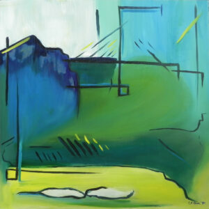 Abstract painting featuring deep blue geometric shapes on the left against a green field with yellow accents