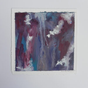 Abstract print with vertical strokes in deep purple, burgundy, and teal accented by white highlights on textured paper