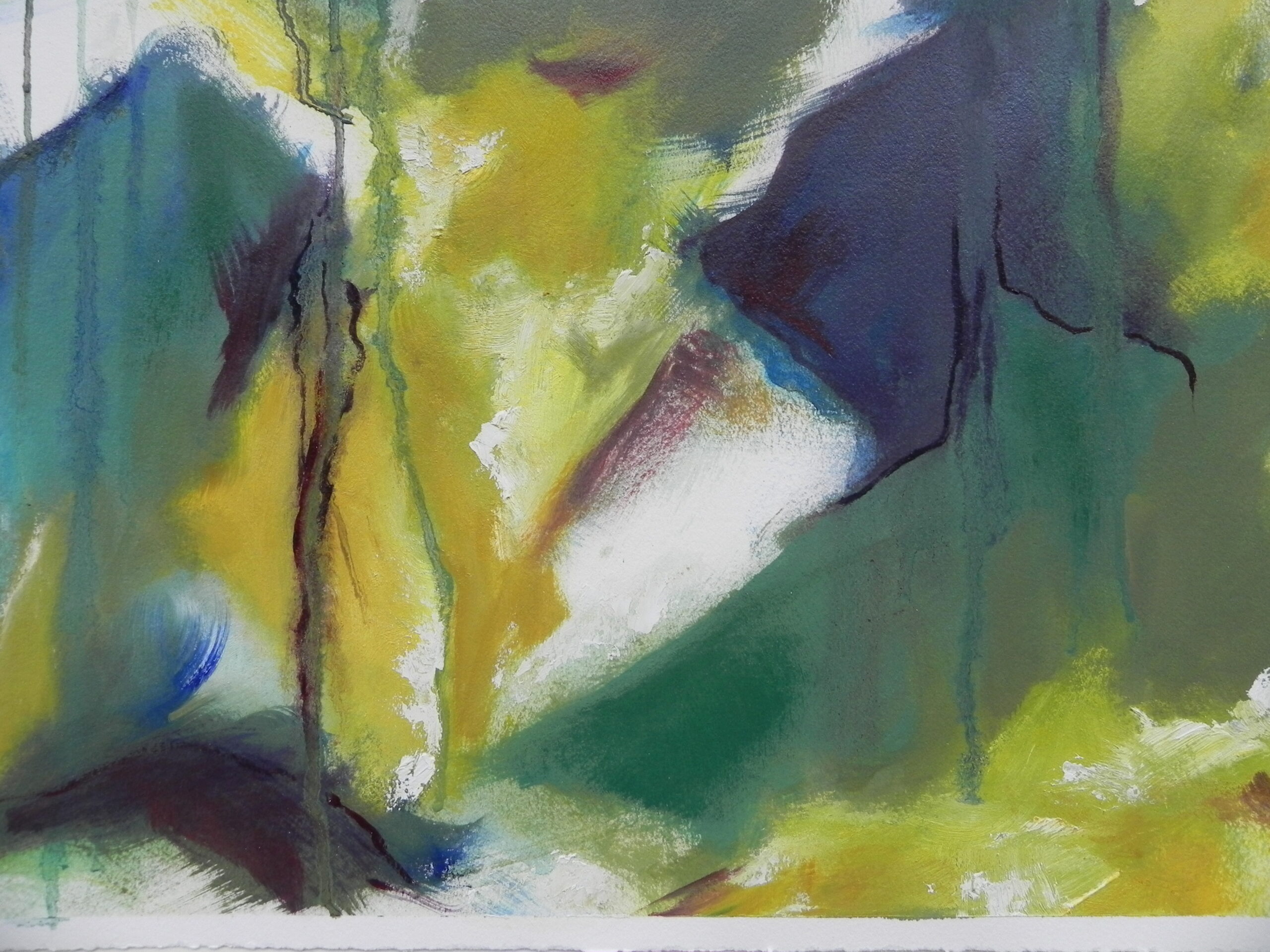 Abstract painting with yellow, green, blue, and purple brushstrokes on white paper