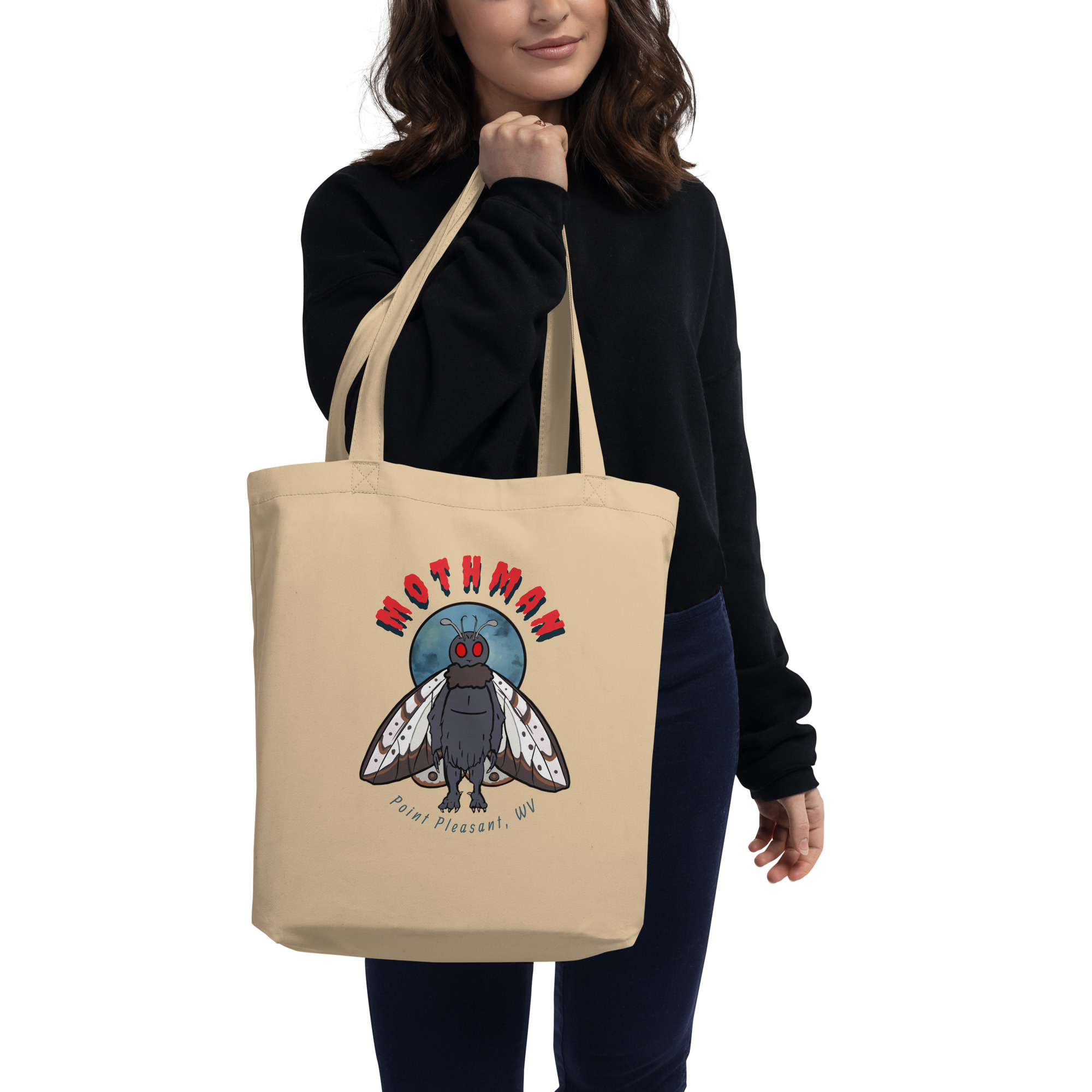 Beige tote bag with Mothman graphic and Point Pleasant WV text