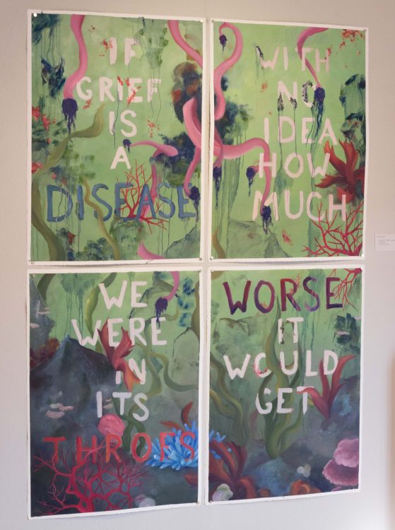 Two green abstract paintings with white text reading "If grief is a disease we were in its throes with no idea how much worse it would get