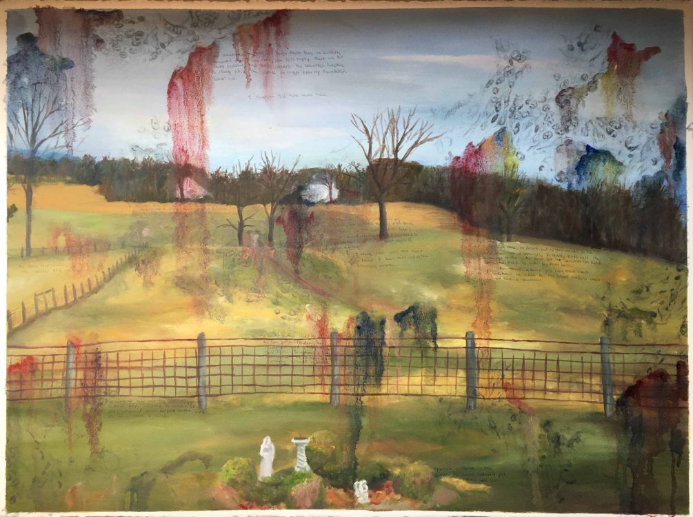 Mixed media landscape painting with handwritten text, bare trees, and a wire fence