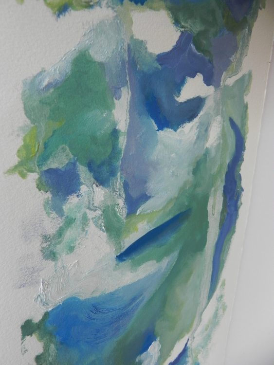 Abstract painting with blue, green, and white brushstrokes on textured paper