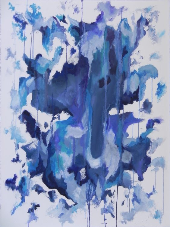 Abstract blue and purple acrylic painting with vertical drips on white background