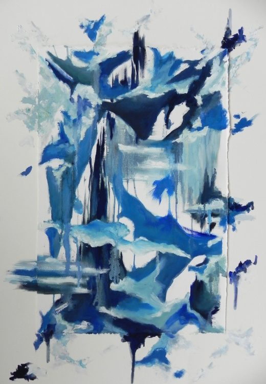 Abstract blue and white acrylic painting with textured brushstrokes on matted paper