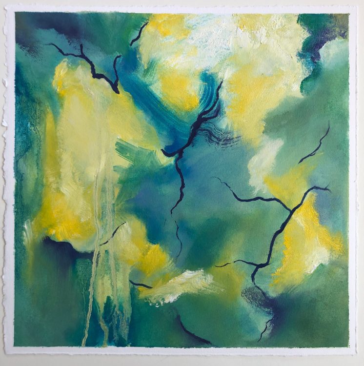 Abstract painting with green, yellow, and blue hues and black branch-like lines on textured paper