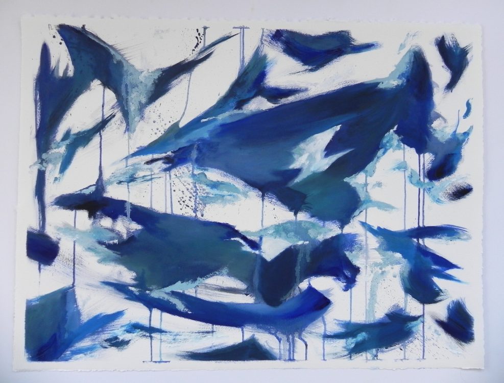 Abstract blue and white acrylic painting with dripping paint details