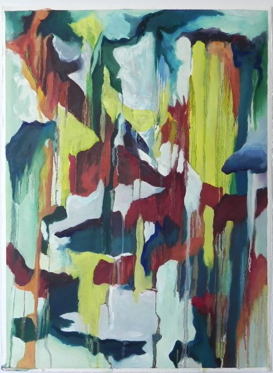 Abstract painting with vertical drips of yellow, red, blue, and white paint on a light background