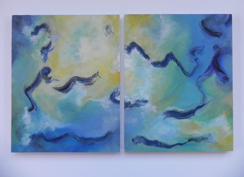 Abstract diptych painting with blue, green, and yellow swirling patterns