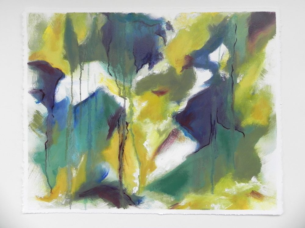 Abstract watercolor painting with yellow, green, and blue hues on textured paper
