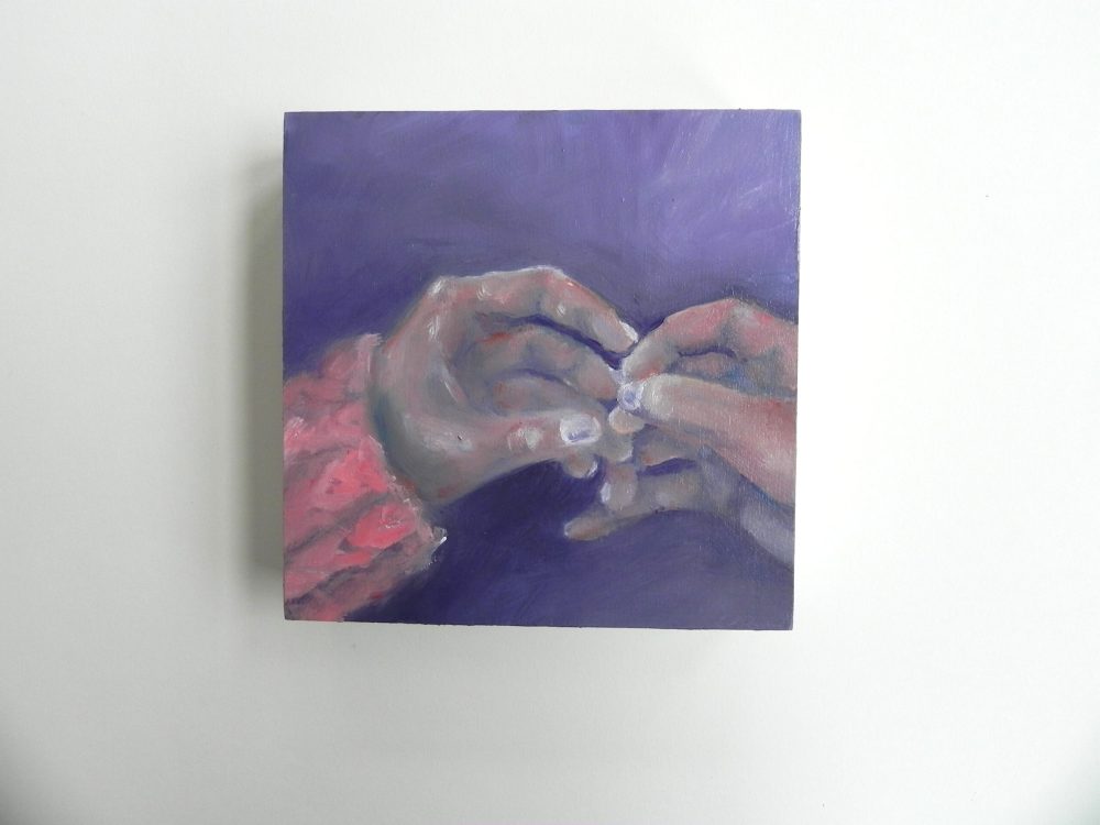 Oil painting of hands holding a ring against purple background