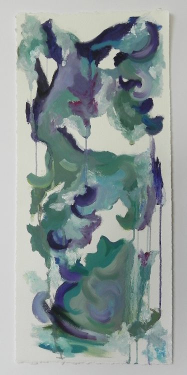 Abstract watercolor painting with green, blue, and purple swirls on textured paper