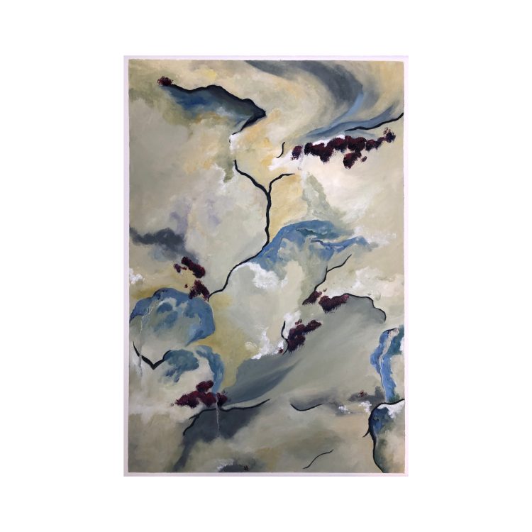 Abstract painting with blue, beige, and black swirling shapes and red accents